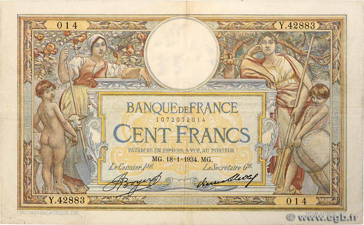 100 Francs LUC OLIVIER MERSON grands cartouches FRANCE  1934 F.24.13 TB+