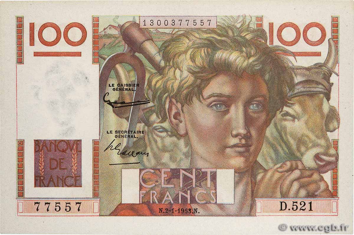 100 Francs JEUNE PAYSAN FRANCE  1953 F.28.35 SPL
