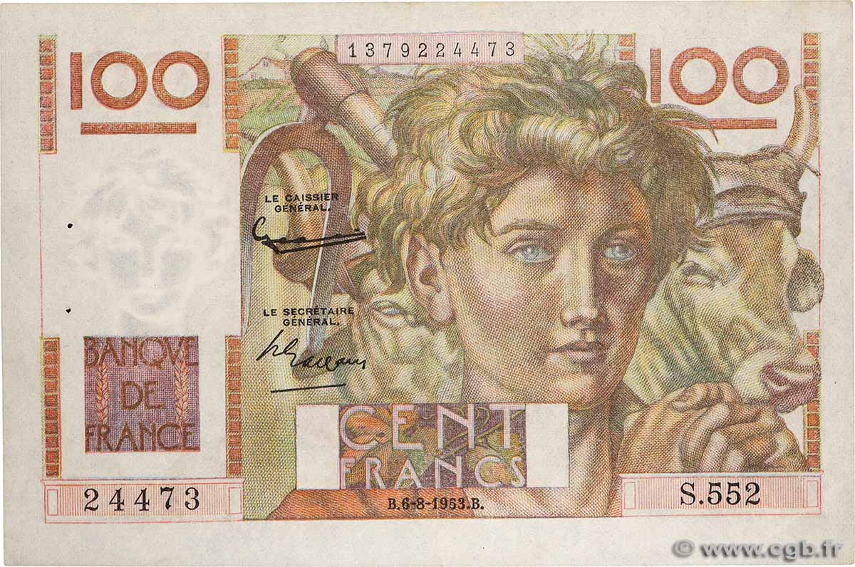 100 Francs JEUNE PAYSAN filigrane inversé FRANCE  1952 F.28bis.02 TB
