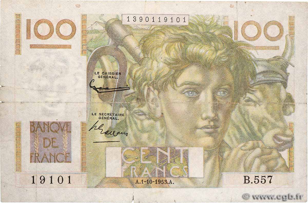 100 Francs JEUNE PAYSAN filigrane inversé FRANCE  1953 F.28bis.03 B