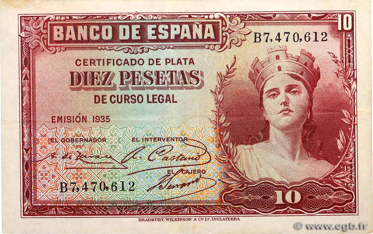 10 Pesetas SPAIN  1935 P.086a XF
