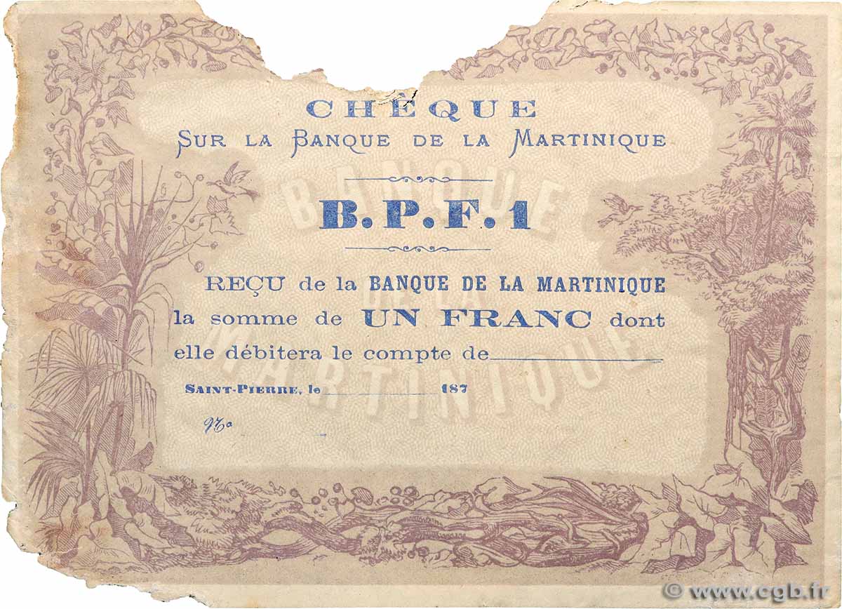 1 Franc  Non émis MARTINIQUE  1870 P.05A MC