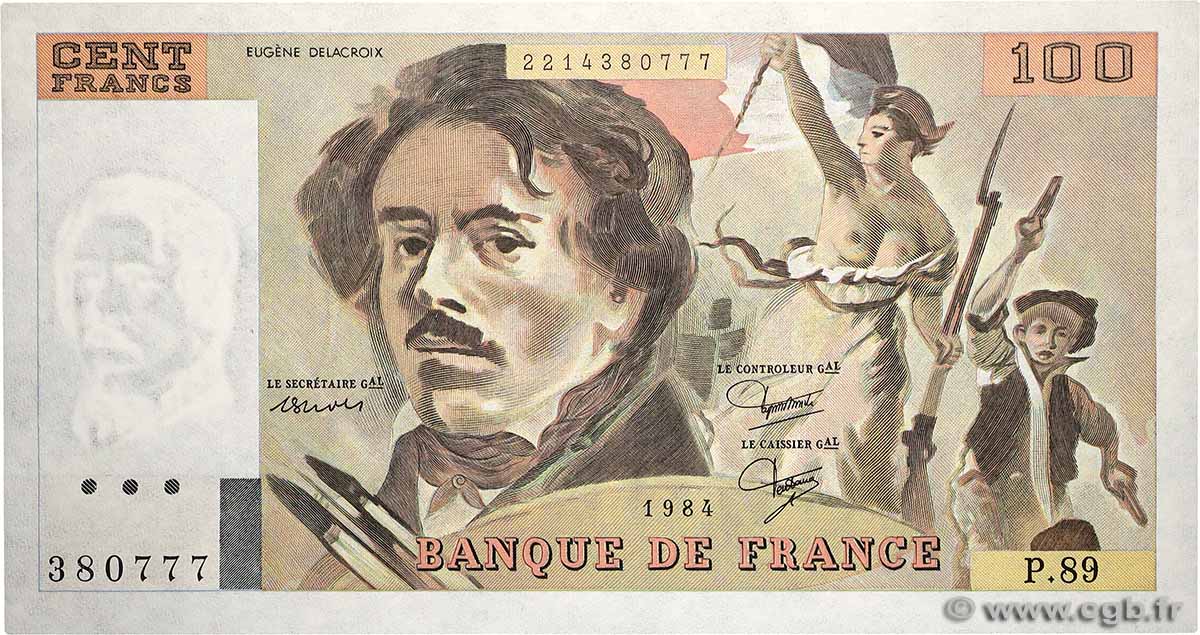 100 Francs DELACROIX modifié FRANCE  1984 F.69.08b NEUF