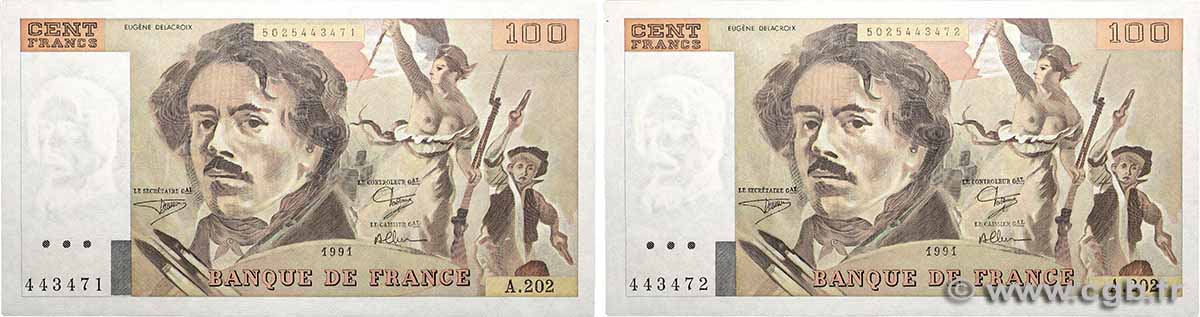 100 Francs DELACROIX imprimé en continu Consécutifs FRANCE  1991 F.69bis.03c1 UNC