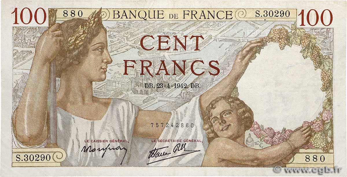 100 Francs SULLY FRANCE  1942 F.26.70 TB