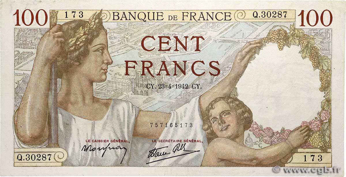 100 Francs SULLY FRANCE  1942 F.26.70 TB+
