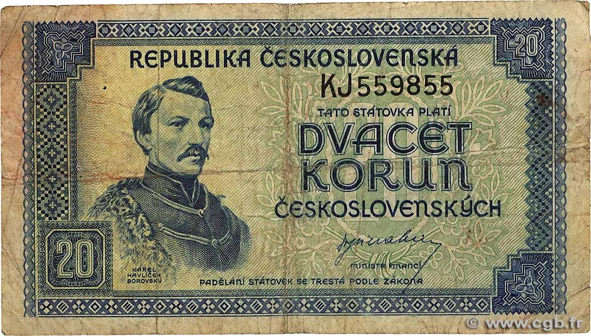 20 Korun TSCHECHOSLOWAKEI  1945 P.061a fS