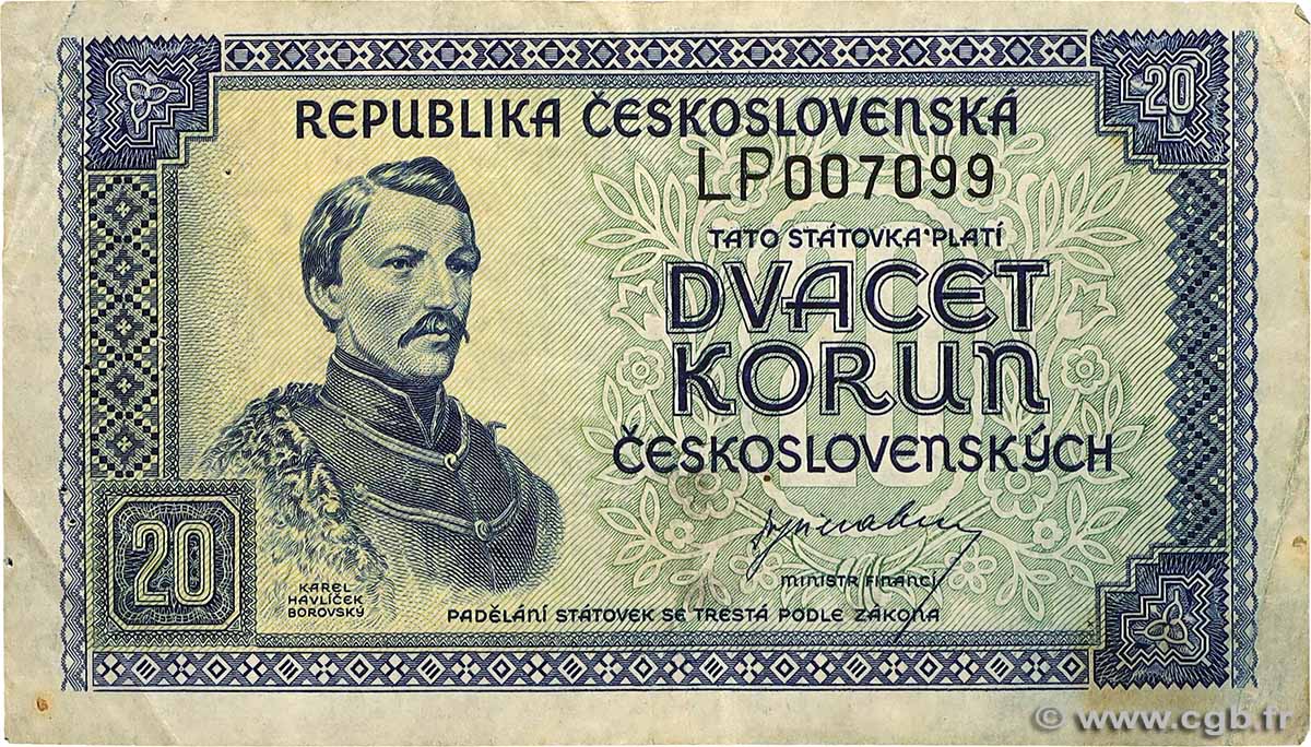 20 Korun TSCHECHOSLOWAKEI  1945 P.061a S