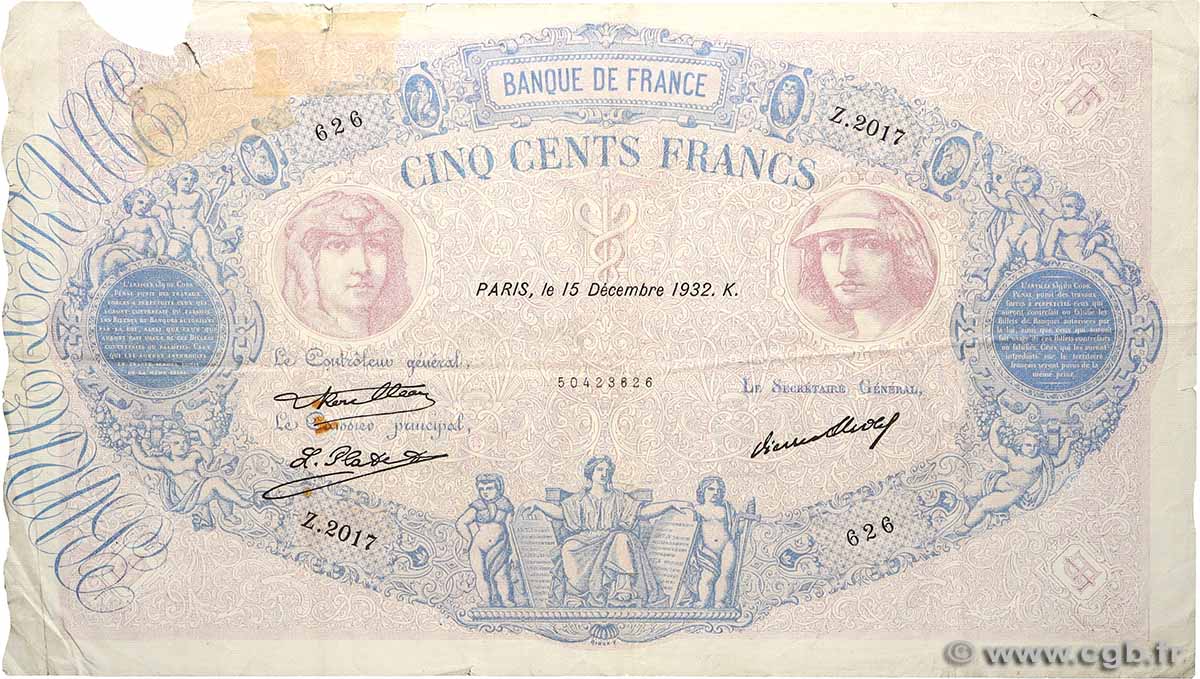 500 Francs BLEU ET ROSE FRANCE  1932 F.30.35 VG