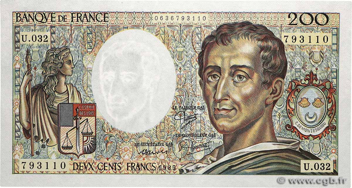 200 Francs MONTESQUIEU UNIFACE Fauté FRANCE  1985 F.70U.05 UNC