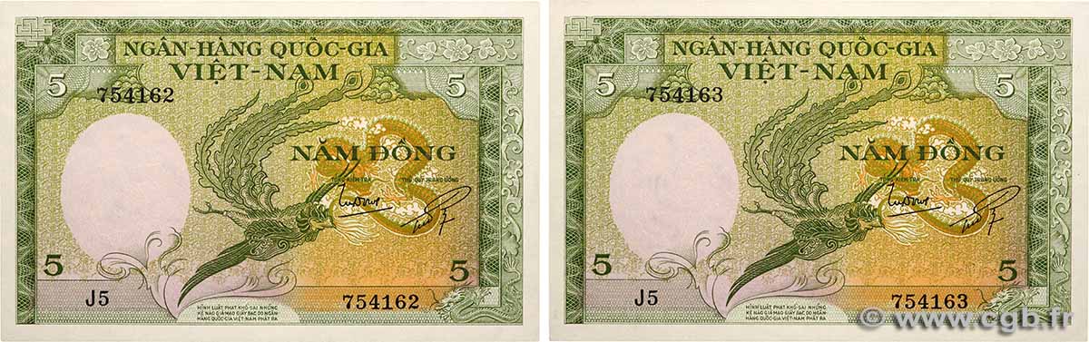 5 Dong Consécutifs VIET NAM SOUTH  1955 P.02a AU+
