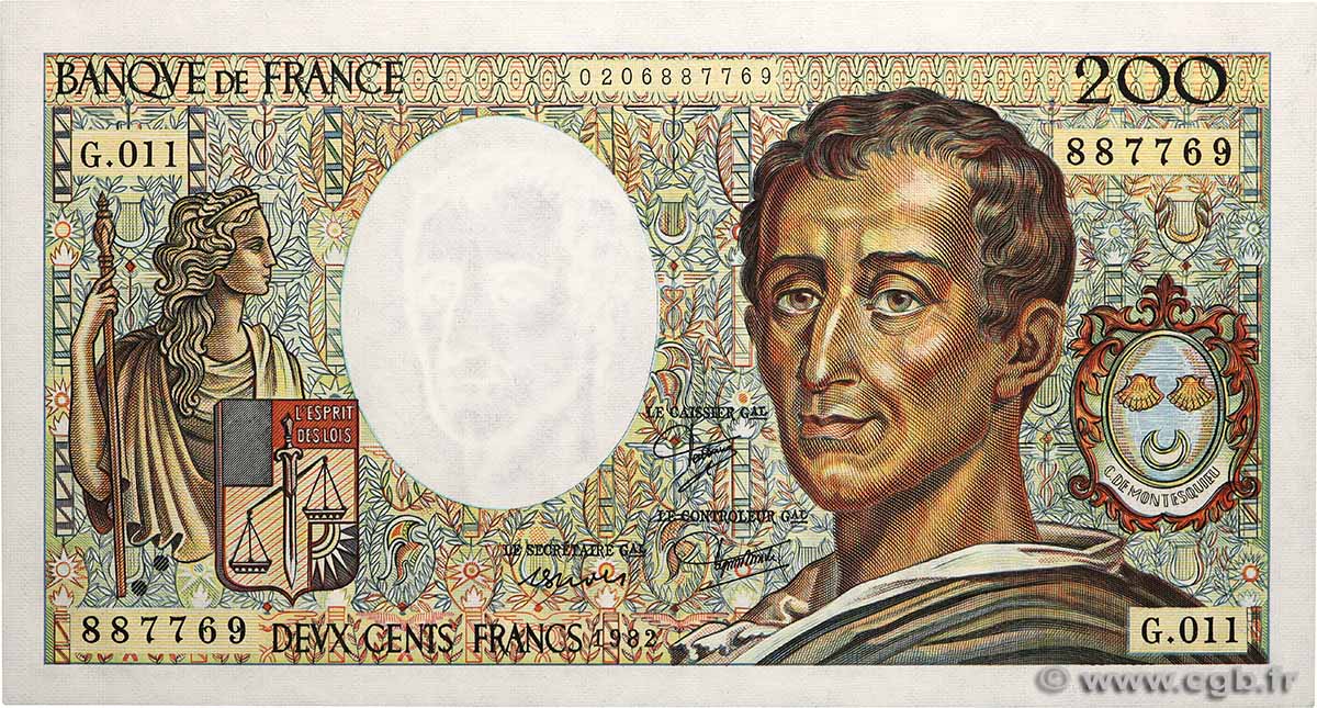200 Francs MONTESQUIEU FRANKREICH  1982 F.70.02 fST+