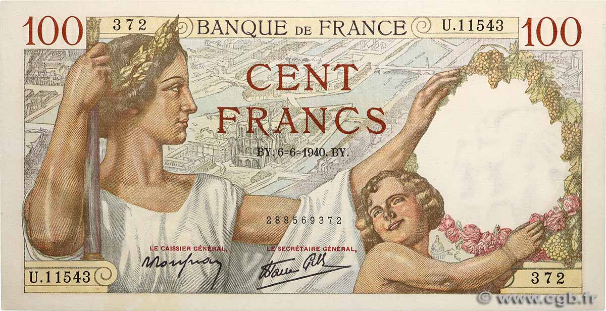 100 Francs SULLY FRANKREICH  1940 F.26.31 fST+