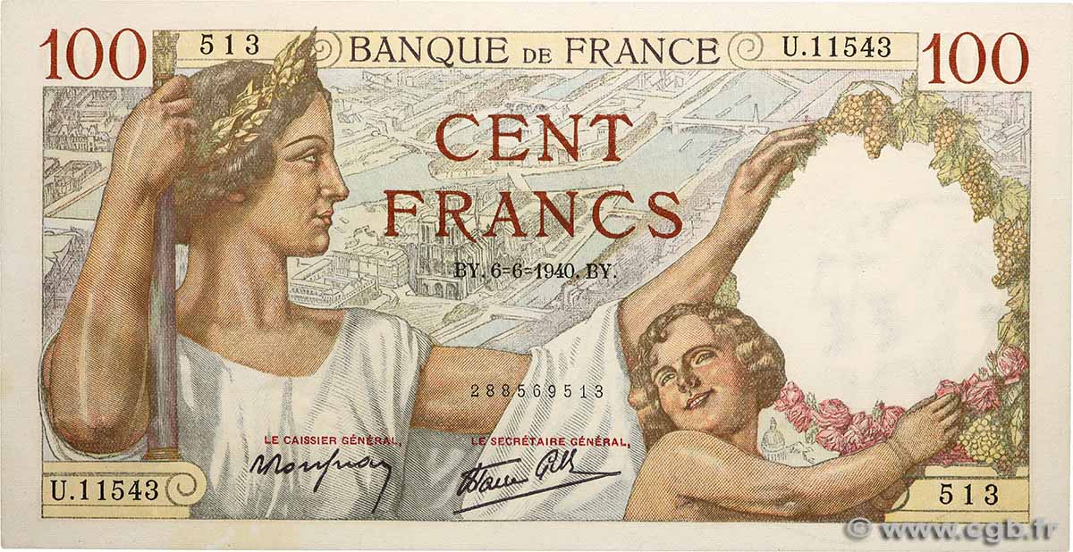 100 Francs SULLY FRANKREICH  1940 F.26.31 fST+
