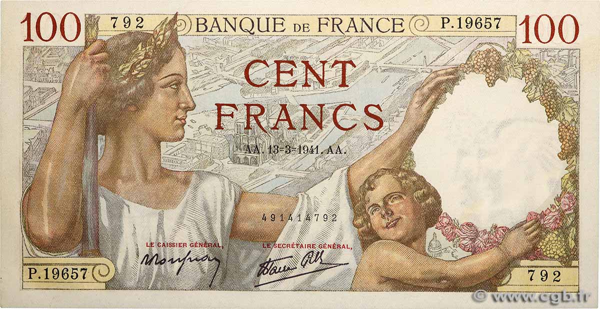 100 Francs SULLY FRANKREICH  1941 F.26.48 fST+