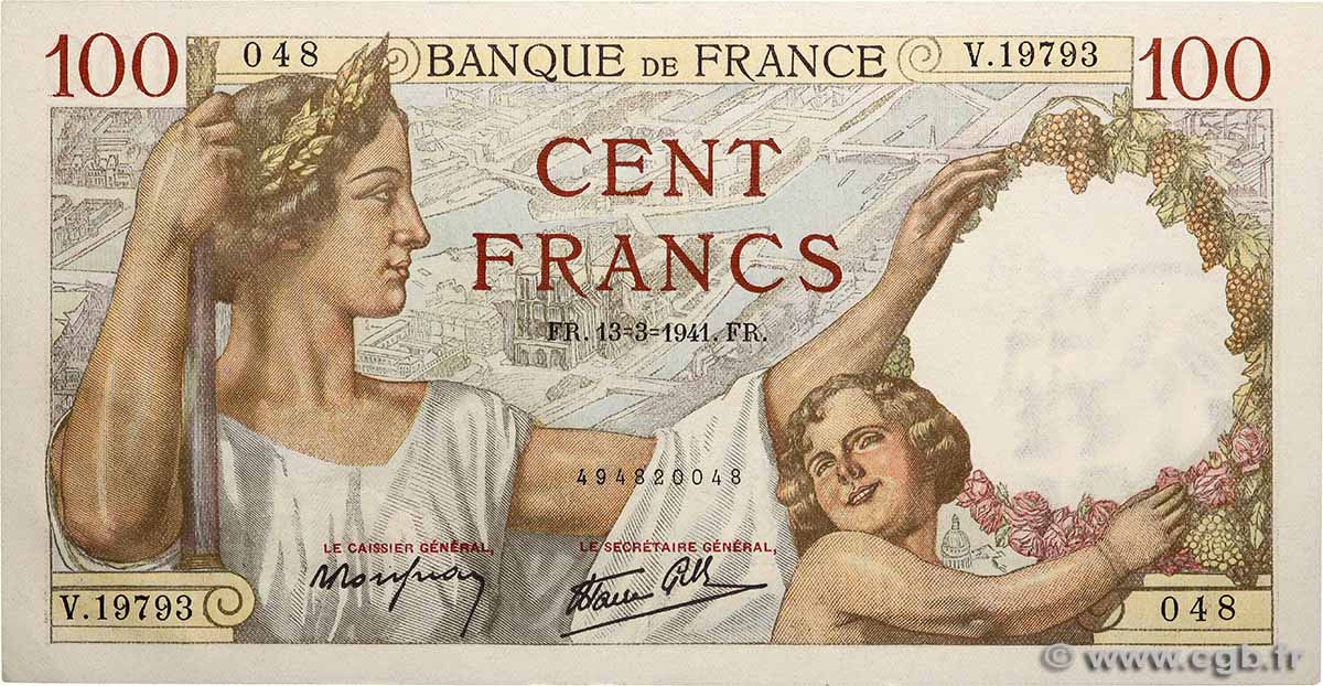 100 Francs SULLY FRANKREICH  1941 F.26.48 fST+
