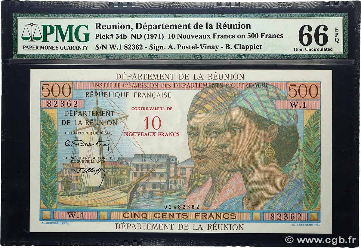 10 NF sur 500 Francs Pointe à Pitre ÎLE DE LA RÉUNION  1971 P.54b NEUF