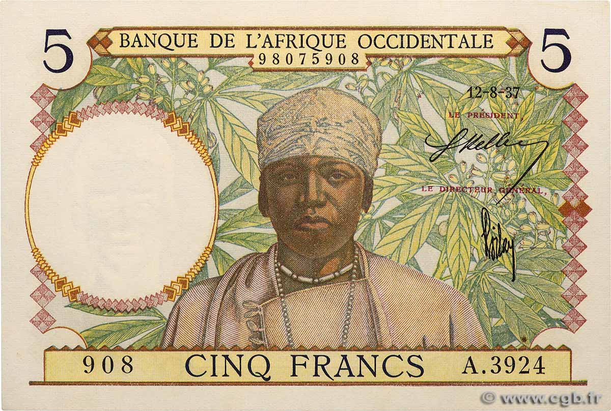 5 Francs AFRIQUE OCCIDENTALE FRANÇAISE (1895-1958)  1937 P.21 pr.NEUF