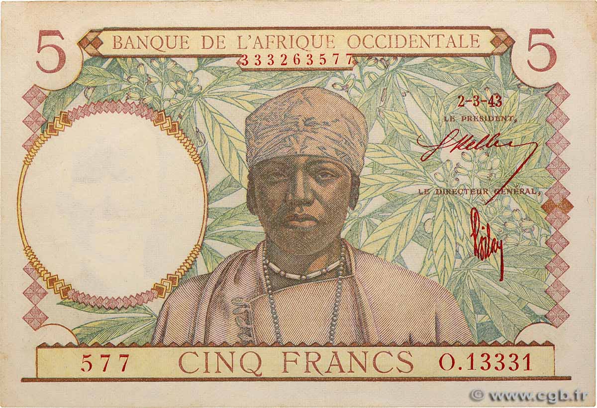 5 Francs Numéro radar AFRIQUE OCCIDENTALE FRANÇAISE (1895-1958)  1943 P.26 SPL