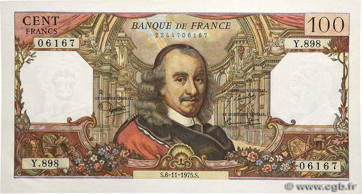 100 Francs CORNEILLE FRANCE  1975 F.65.50 UNC-