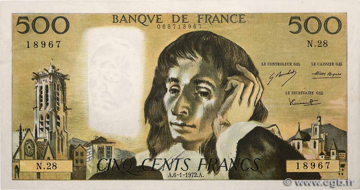 500 Francs PASCAL FRANCE  1972 F.71.08 XF