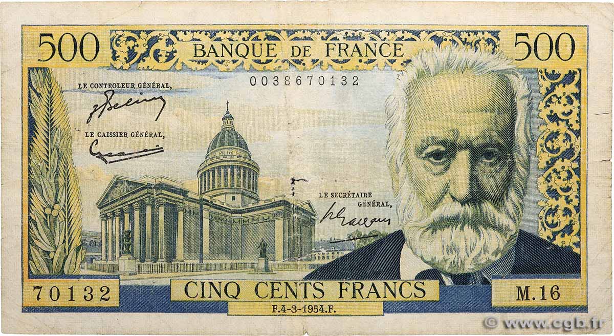 500 Francs VICTOR HUGO FRANKREICH  1954 F.35.02 GE
