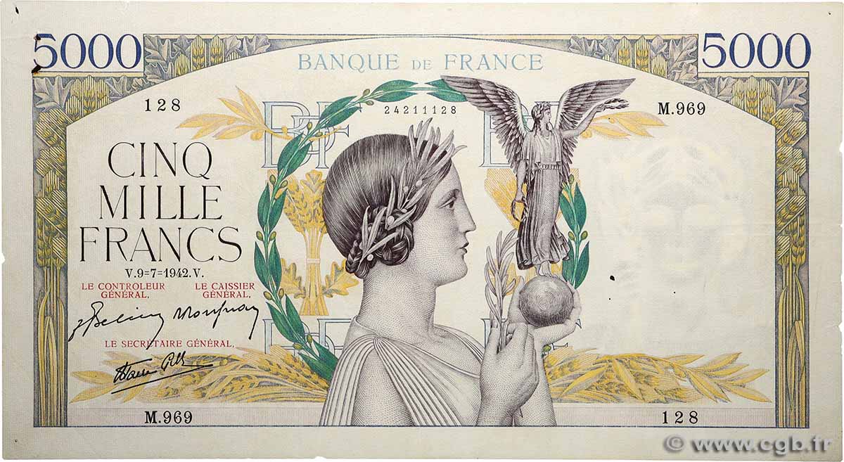 5000 Francs VICTOIRE Impression à plat FRANKREICH  1942 F.46.38 fSS