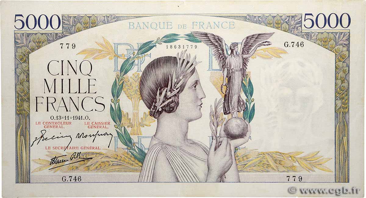 5000 Francs VICTOIRE Impression à plat FRANKREICH  1941 F.46.29 SS