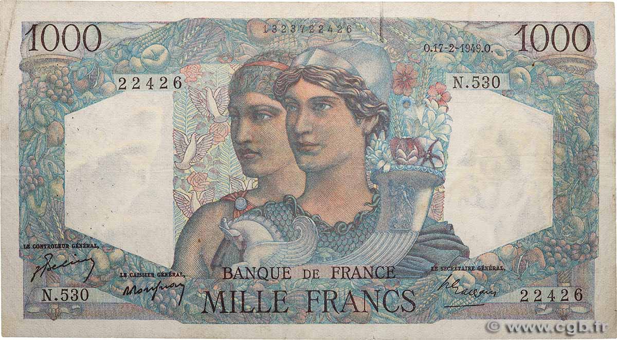 1000 Francs MINERVE ET HERCULE FRANKREICH  1949 F.41.25 fSS
