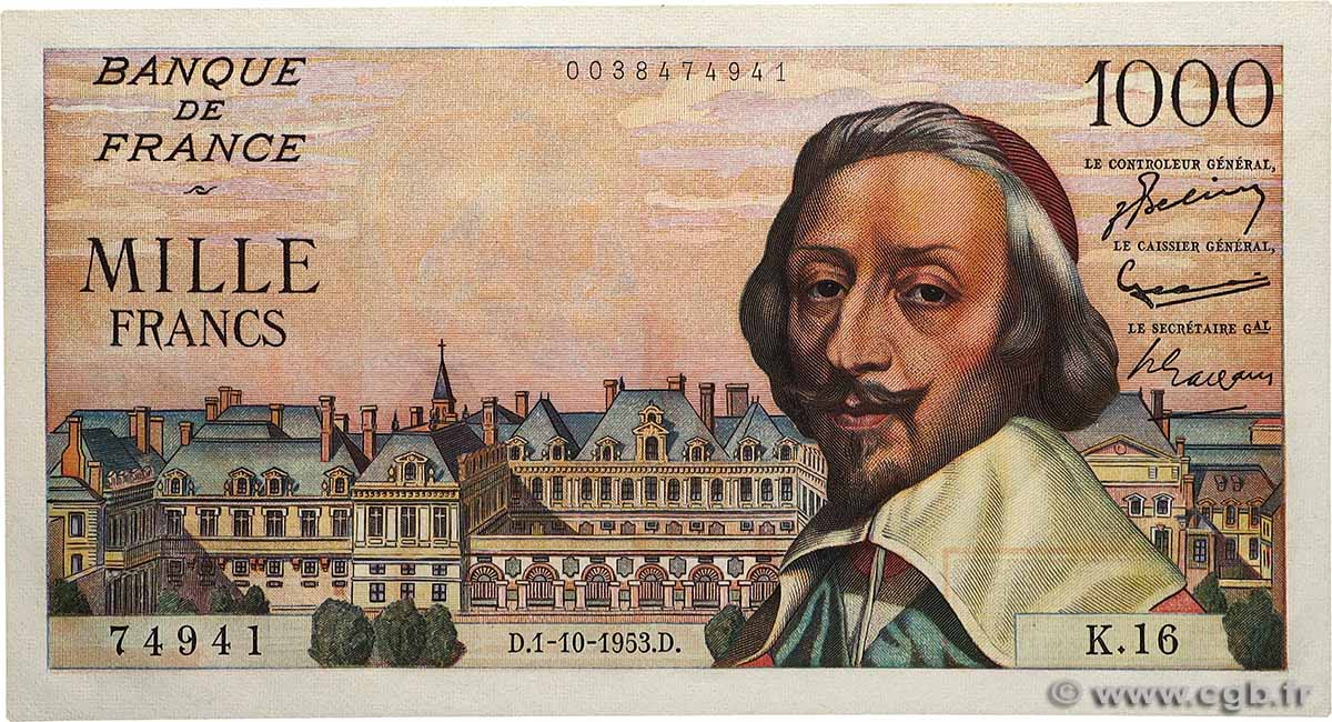 1000 Francs RICHELIEU FRANCE  1953 F.42.03 XF+