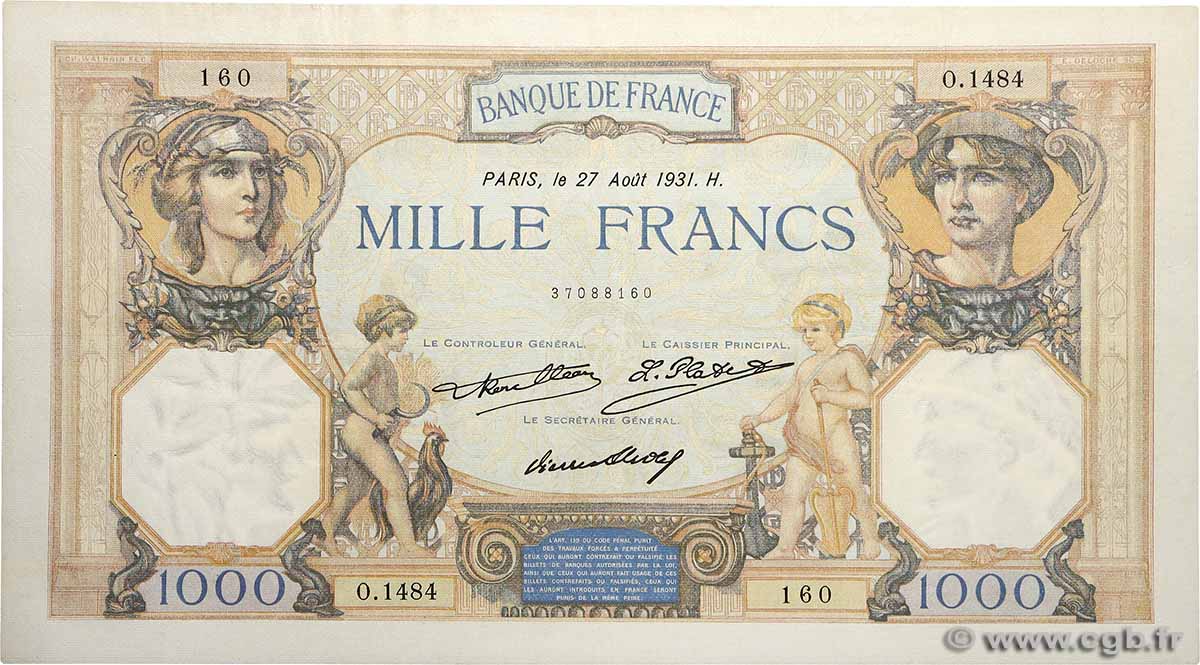 1000 Francs CÉRÈS ET MERCURE FRANKREICH  1931 F.37.06 fVZ