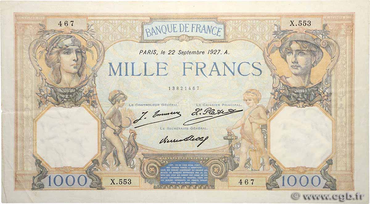 1000 Francs CÉRÈS ET MERCURE FRANKREICH  1927 F.37.01 SS
