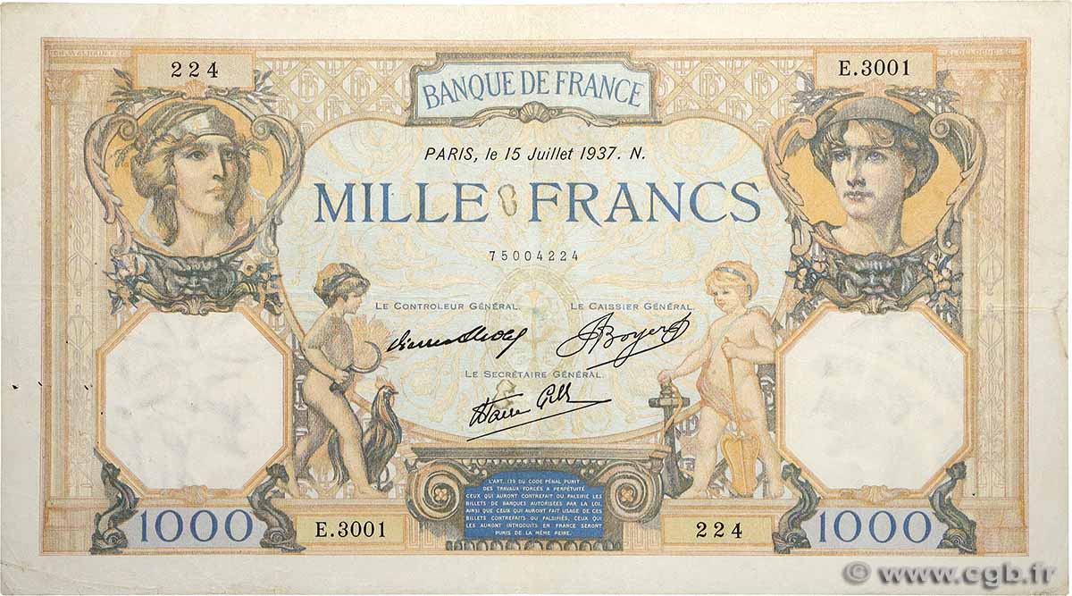 1000 Francs CÉRÈS ET MERCURE type modifié FRANKREICH  1937 F.38.02 fSS