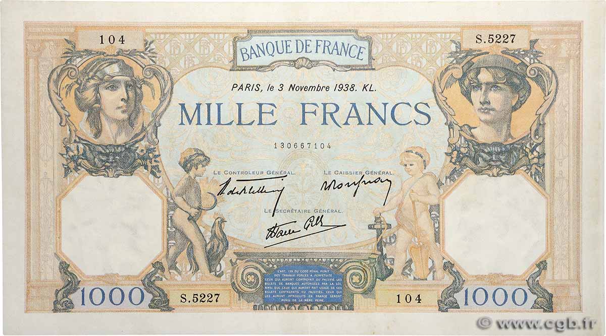 1000 Francs CÉRÈS ET MERCURE type modifié FRANKREICH  1938 F.38.32 VZ