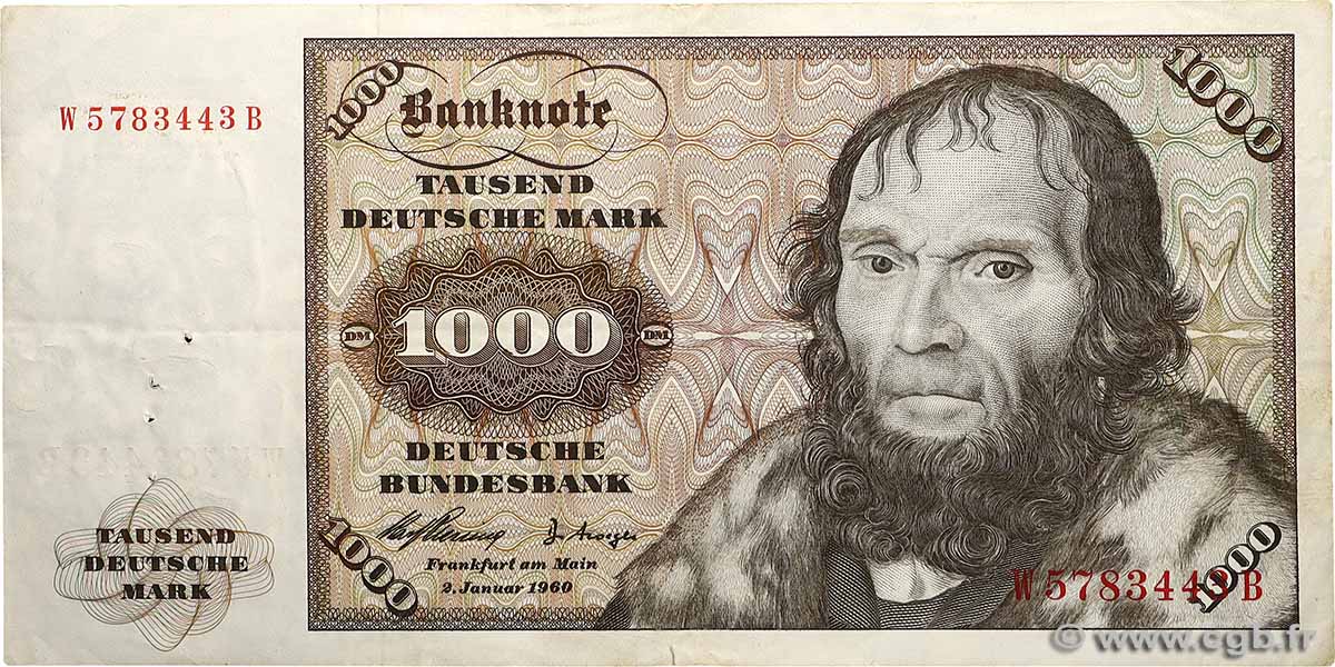 1000 Deutsche Mark GERMAN FEDERAL REPUBLIC  1960 P.24a fVZ