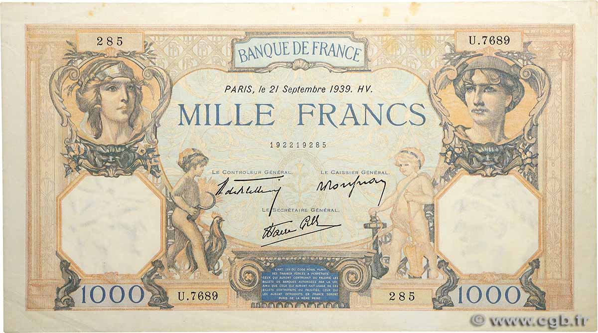 1000 Francs CÉRÈS ET MERCURE type modifié FRANKREICH  1939 F.38.3 SS