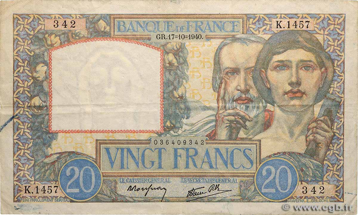 20 Francs TRAVAIL ET SCIENCE FRANKREICH  1940 F.12.09 fSS