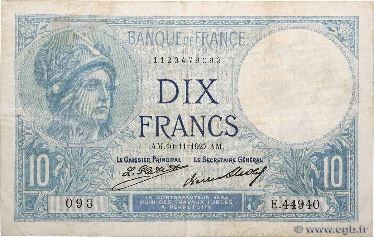 10 Francs MINERVE FRANKREICH  1927 F.06.12a SS