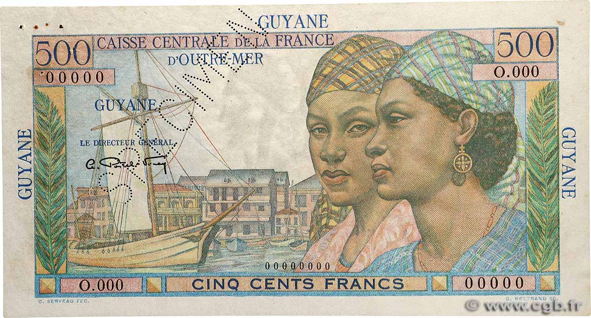 500 Francs Pointe à Pitre Spécimen FRENCH GUIANA  1946 P.24s VZ+