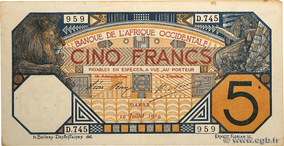 5 Francs DAKAR FRENCH WEST AFRICA Dakar 1919 P.05Ba fSS