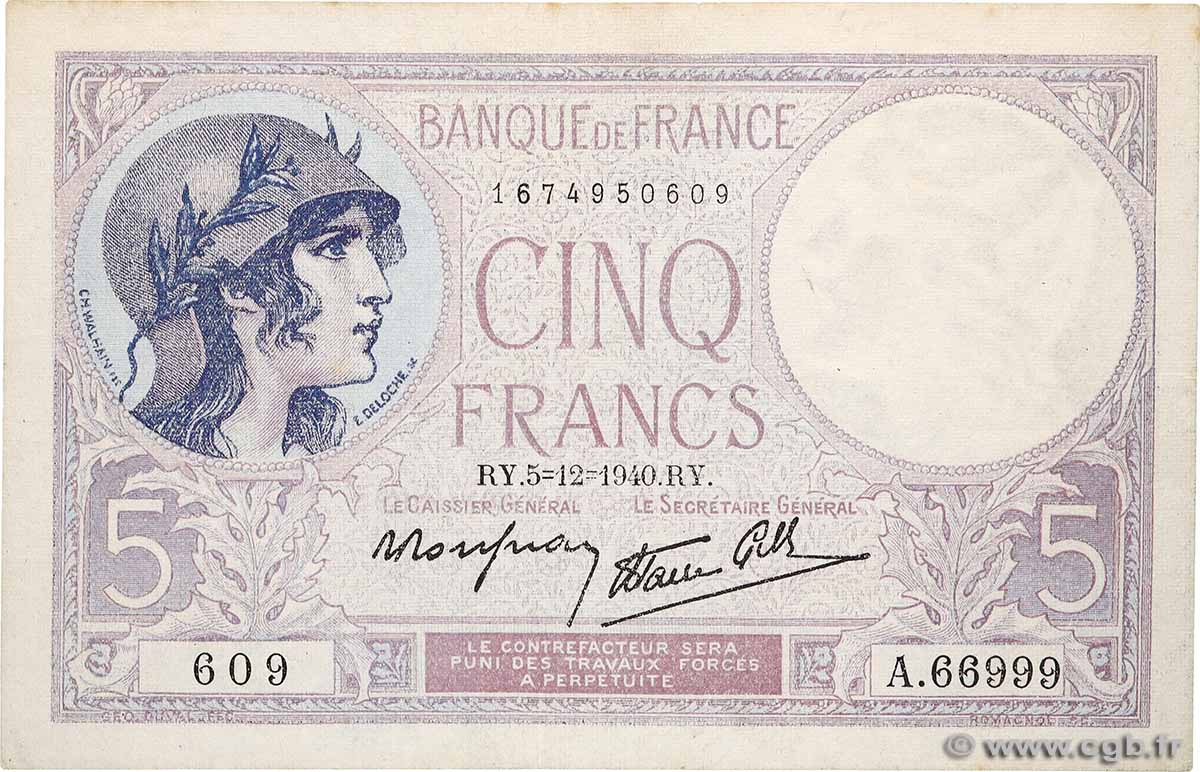 5 Francs FEMME CASQUÉE modifié Numéro spécial FRANKREICH  1940 F.04.16 SS