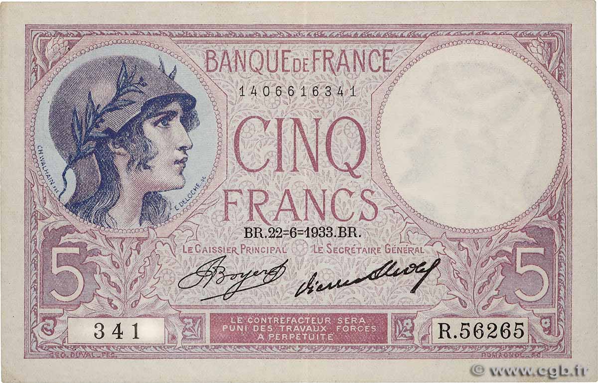 5 Francs FEMME CASQUÉE FRANKREICH  1933 F.03.17 VZ