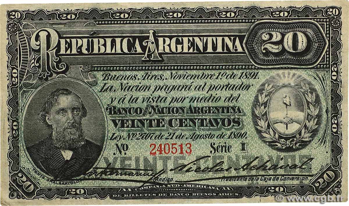 20 Centavos ARGENTINIEN  1891 P.211b fST+