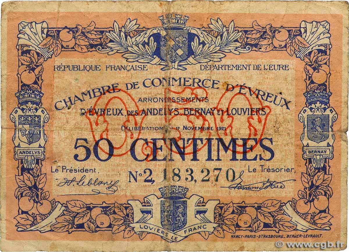 50 Centimes FRANCE regionalism and miscellaneous Évreux 1921 JP.057.21 G