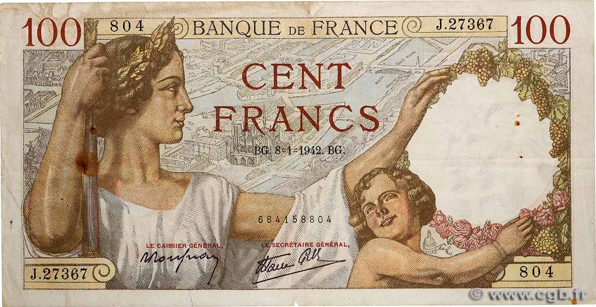 100 Francs SULLY FRANKREICH  1942 F.26.64 S