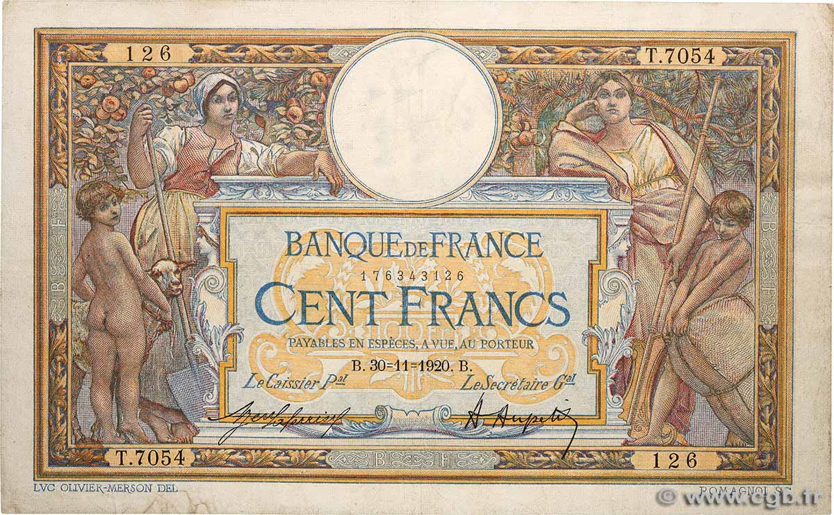 100 Francs LUC OLIVIER MERSON sans LOM FRANKREICH  1920 F.23.12 SS