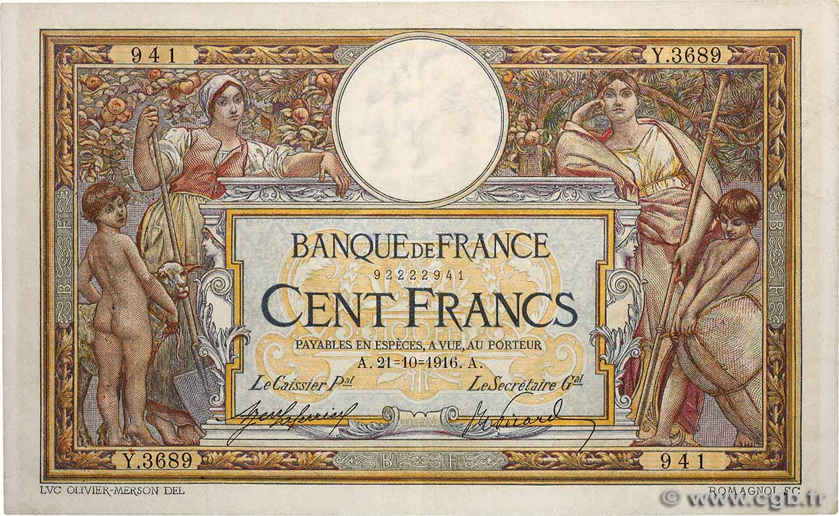 100 Francs LUC OLIVIER MERSON sans LOM FRANKREICH  1916 F.23.08 SS