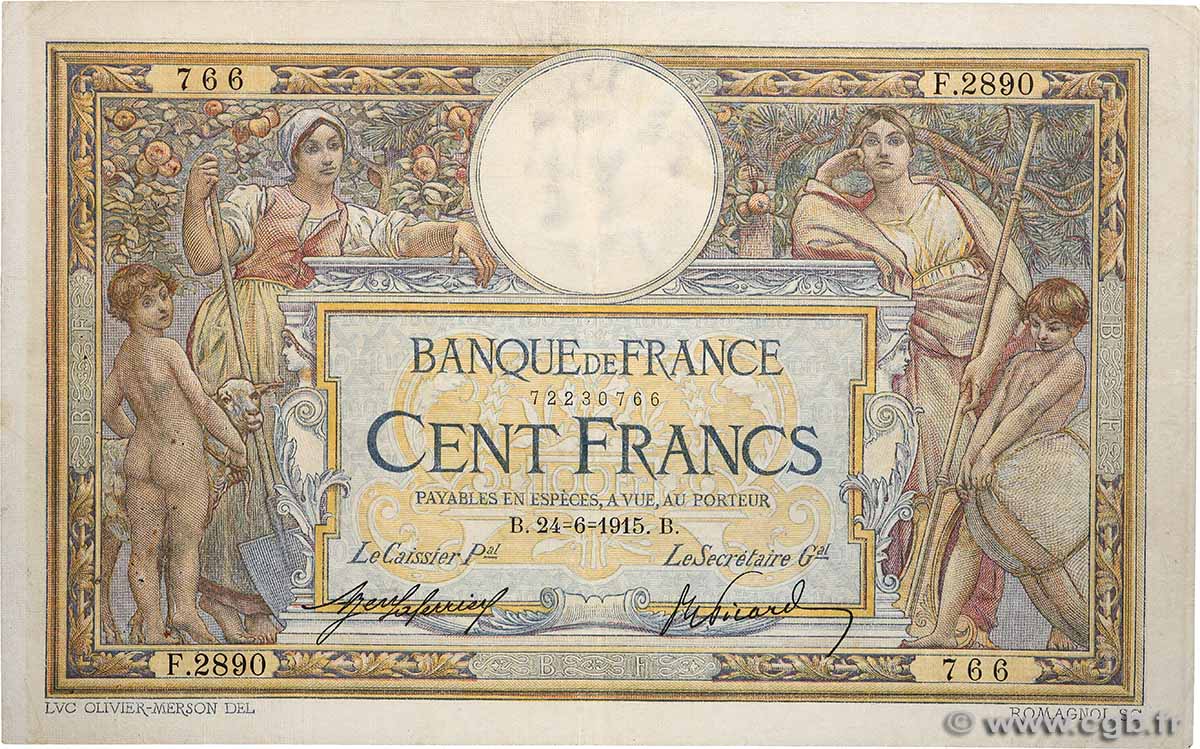 100 Francs LUC OLIVIER MERSON sans LOM FRANKREICH  1915 F.23.07 fSS