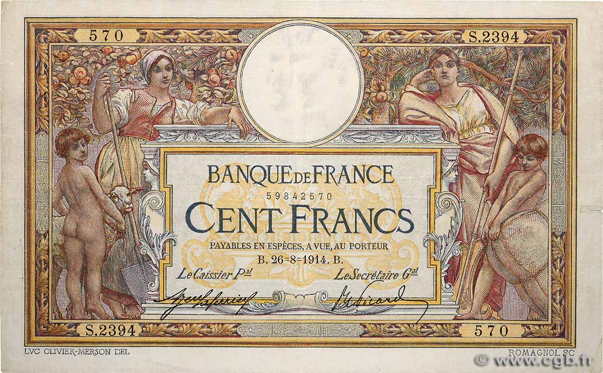 100 Francs LUC OLIVIER MERSON sans LOM FRANKREICH  1914 F.23.06 fSS