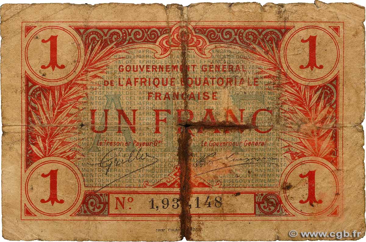1 Franc type 1917 AFRIQUE ÉQUATORIALE FRANÇAISE  1923 A.102e P